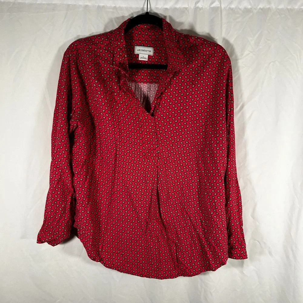 Liz Claiborne Blouse Women's Large Pink Paisley Print Long Sleeve Collared
